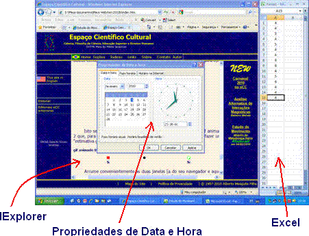 tela com navegador, excel e relgio